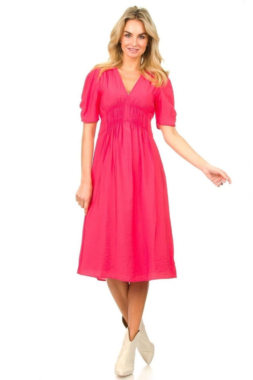 BA&SH Pleated Elastic Waist Short Sleeve V Neck Midi Dress Pink Size 0 XS